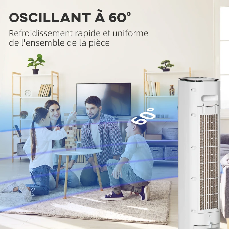 HOMCOM Rafraîchisseur d'air/ventilateur colonne/humidificateur/purificateur 4 en 1 - oscillant - timer, 3 modes, 3 vitesses - télécommande réservoir 5L avec 4 blocs réfrigérants
