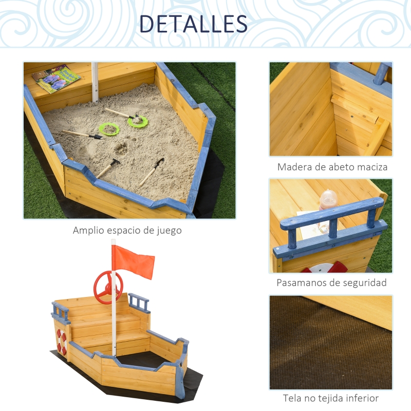 Outsunny Arenero Infantil de Madera Diseño de Galeón con 2 Escalones Banco con Almacenaje Bandera y Timón Cajón de Arena