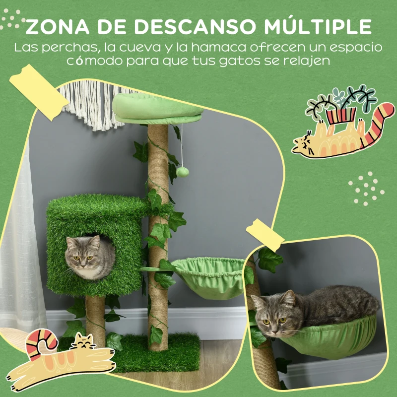 PawHut Árbol Rascador para Gatos 91 cm con Caseta Cama Hamaca Poste de Yute y Bola Colgante 50x40x91 cm Verde