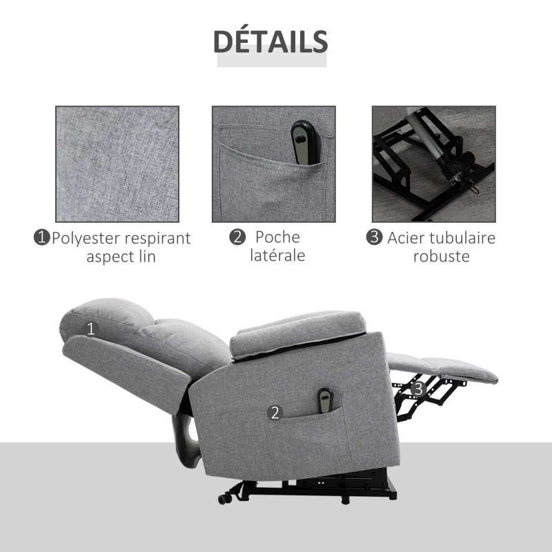 HOMCOM Fauteuil releveur électrique, fauteuil relax électrique avec repose-pied, dossier inclinable, télécommande et poche latérale charge 120kg tissu aspect lin gris clair(m-7)