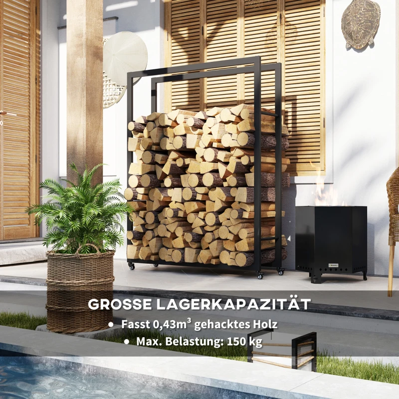 Outsunny Feuerholzgestell mit Rädern, mobil, Metallrahmen, bis 150 kg, 120 x 32 x 151 cm, schwarz