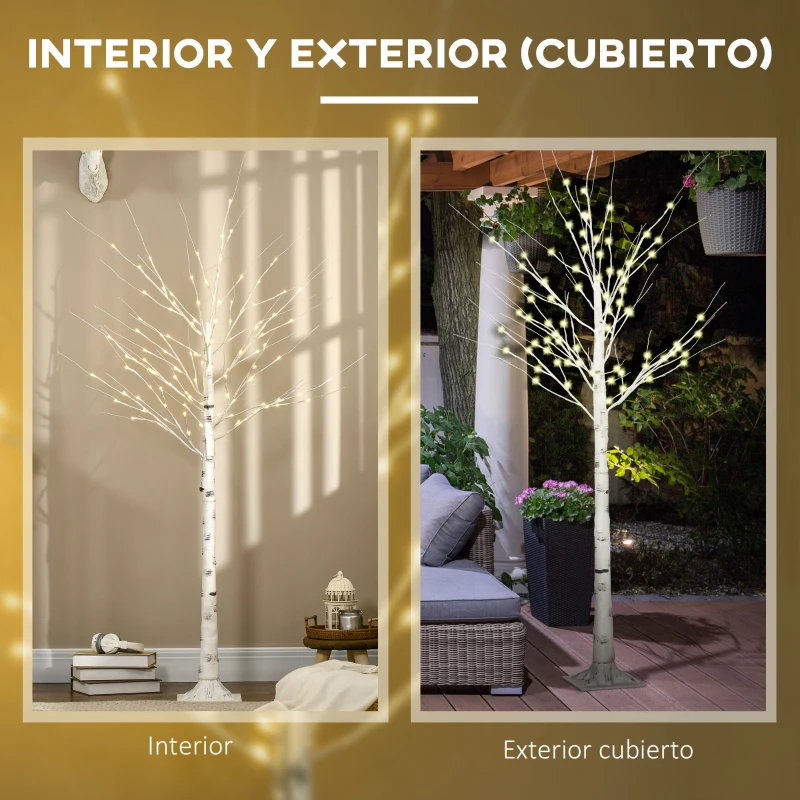 HOMCOM Árbol de Abedul Altura 180 cm con 96 Luces LED IP44 Blanco Cálido Decoración para Interiores 22x22x180 cm Blanco