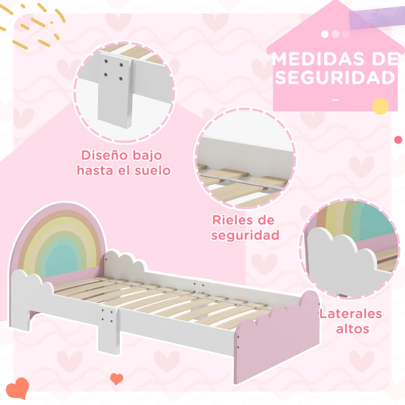 ZONEKIZ Cama Infantil de Madera 143x74x66 cm en Forma de Arcoíris Mueble de Dormitorio Moderno Carga 80 kg Rosa