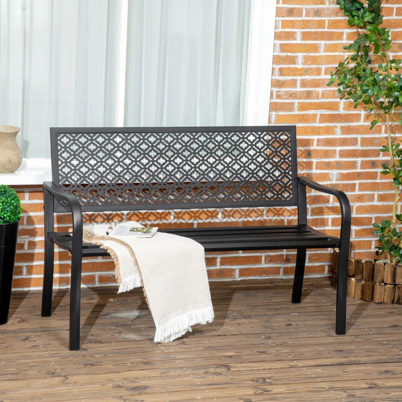 Outsunny Gartenbank aus Metall, 2-Sitzer, Blumenmuster, wetterbeständig, 127 x 63 x 83cm, Schwarz