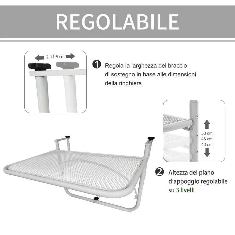 Outsunny Tavolo da Ringhiera con Ganci ad Altezza Regolabile su 3 Livelli, in Metallo, 60x56.5x45 cm, Bianco