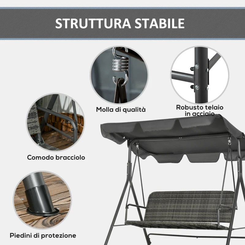 Outsunny Dondolo da Giardino 3 Posti con Tettuccio Regolabile in Rattan PE, 167x112x153cm, Grigio Scuro