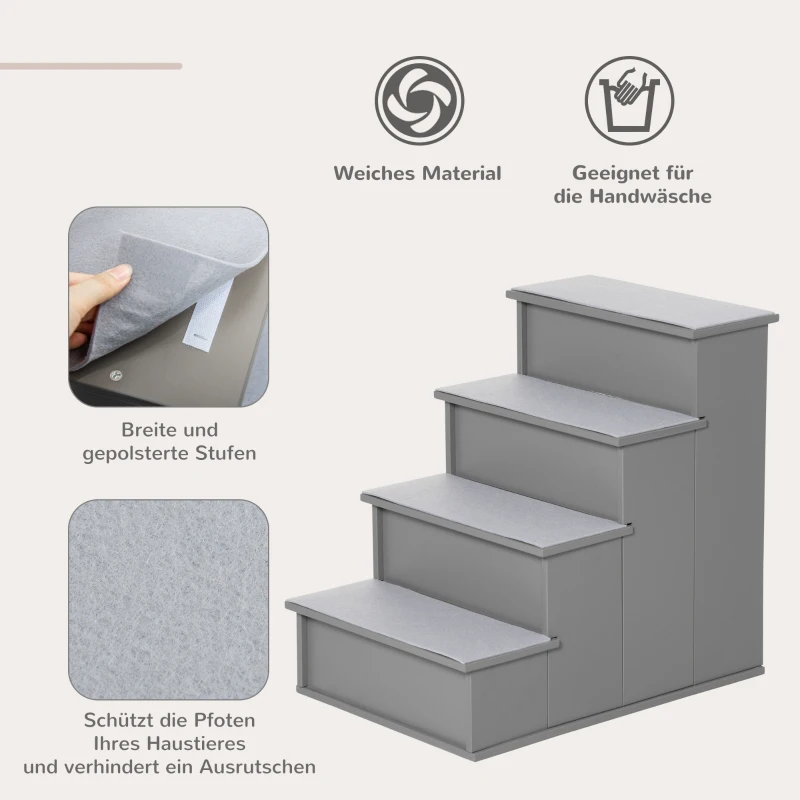 PawHut Haustiertreppe, für Hunde/Katzen, 4-stufig, Kurzplüsch, bis 30 kg, 40 x 59 x 54,2 cm, Grau(m-4)