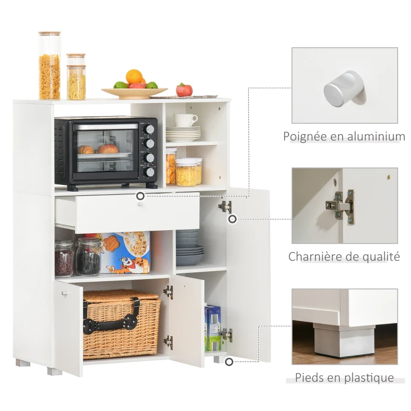 HOMCOM Meuble de micro-onde armoire cuisine meuble de rangement multi-rangements buffet avec 2 placards 4 niches tiroir coulissant dim. 90L x 40l x 120H cm en bois blanc
