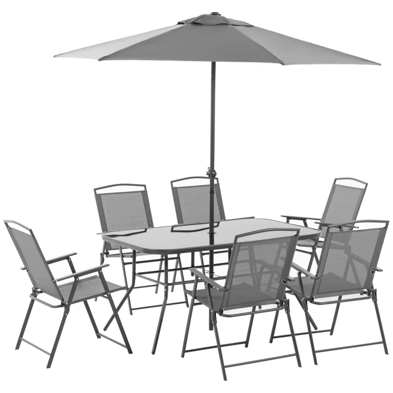 Outsunny Ensemble salon de jardin 8 pièces avec grand parasol, table dim.140L x 90l x 70H cm et chaises pliantes pour 6 personnes - métal époxy textilène polyester gris