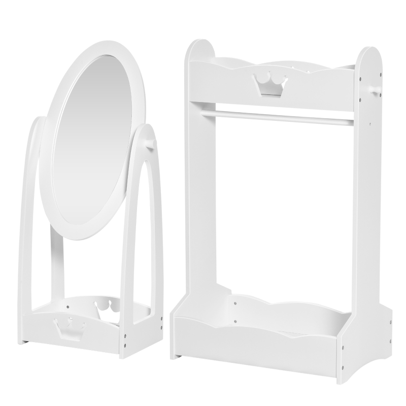 HOMCOM Kids Clothes Rail and Mirror Set 360° Rotation Free Standing Full Length Mirror and Hanging Rack with Storage Shelves Child's Dressing Mirror Garment Wardrobe White