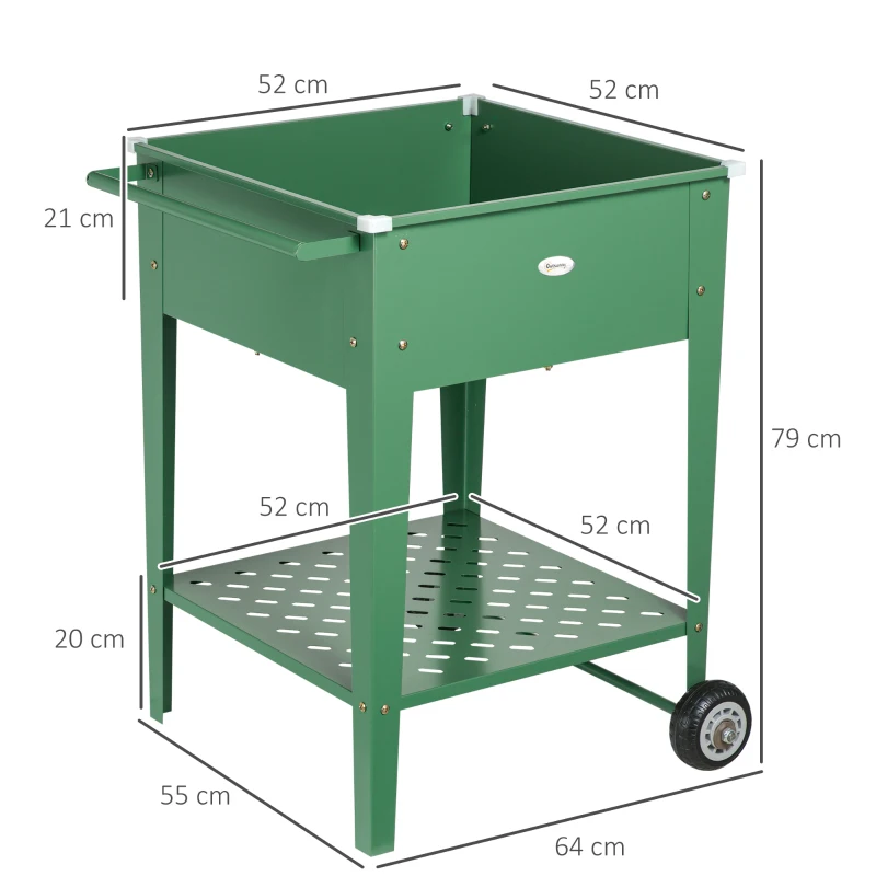 Outsunny Huerto Urbano Elevado con Ruedas de Acero Galvanizado con Estante y Asa Lateral para Plantas Cultivos 64x55x79 cm Verde
