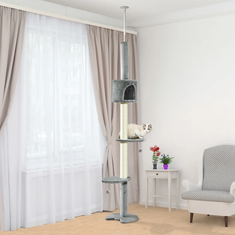 PawHut Árbol Rascador para Gatos Rascador para Fijar al Techo Altura 255 cm con Plataformas Cueva Postes de Sisal Bolas Colgantes Gris Claro