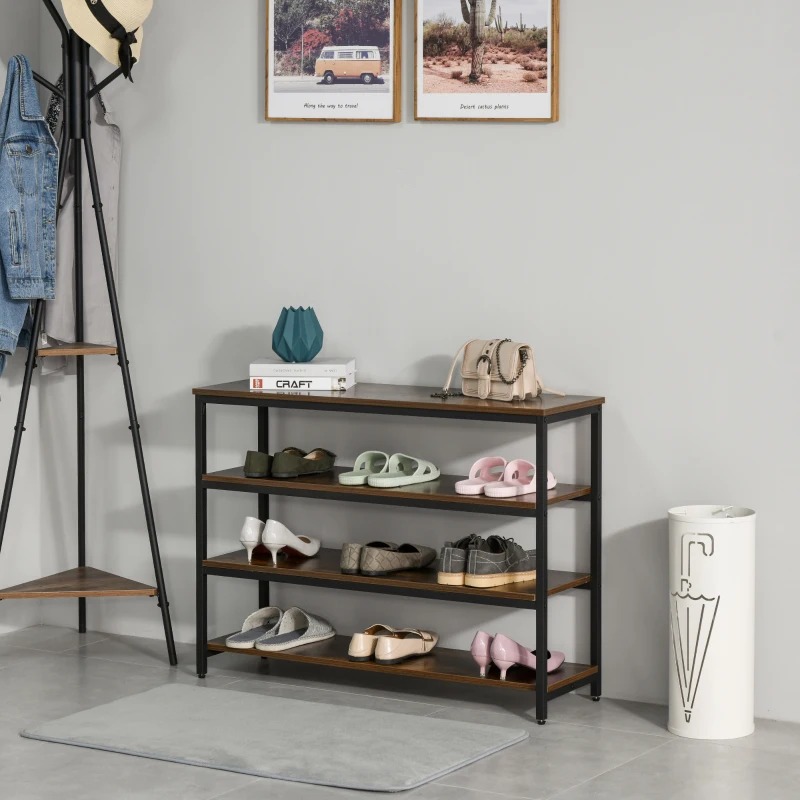 HOMCOM Scaffale Stile Industriale 4 Ripiani, Mobile Libreria per Soggiorno, Ingresso, Camera da Letto, Metallo e Legno, Marrone, 100x30x72cm