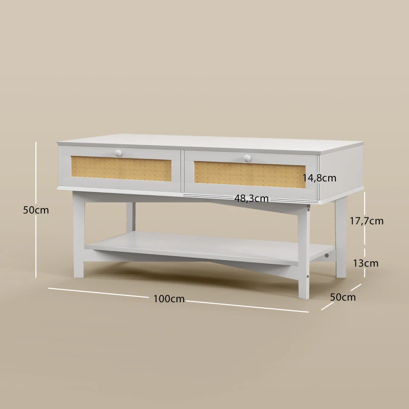HOMCOM Mesa de Centro Blanca Mesa Baja con 2 Cajones Decorativos de Ratán y Estante de Almacenamiento 100x50x50 cm
