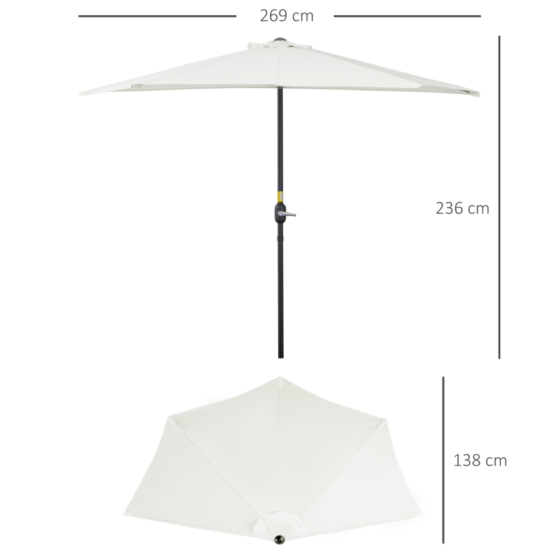 Outsunny Sombrilla 269x138x236 cm Parasol de Jardín con Manivela y Forma Semicircular para Exterior Terraza Patio Piscina Crema