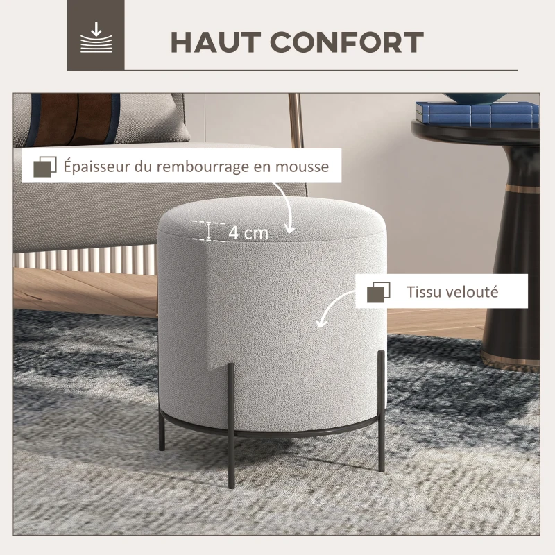 HOMCOM Lot de 2 poufs ottoman tabouret pouf repose-pied en velours pieds en acier pour salon chambre Ø 35 x 38 cm gris clair