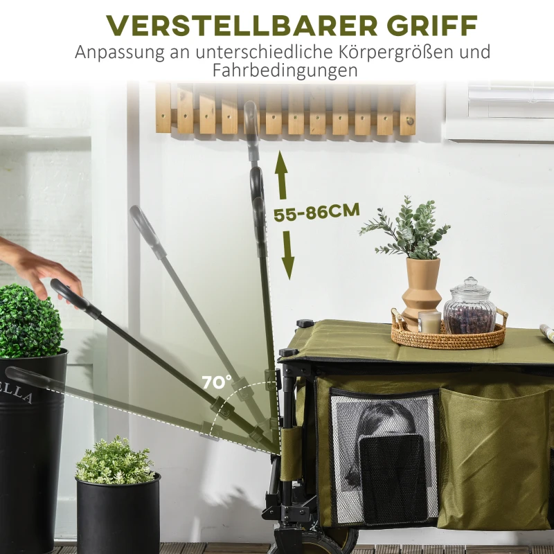 Outsunny Bollerwagen, klappbar, 5 Seitentaschen, verstellbarer Griff, bis 120 kg belastbar, Stahl, 108 x 55 x 93 cm, Grün