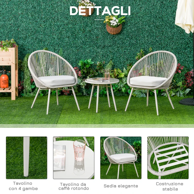 Outsunny Set da Giardino in Rattan Sintetico Stile Boho con Tavolino e 2 Sedie, Bianco Crema