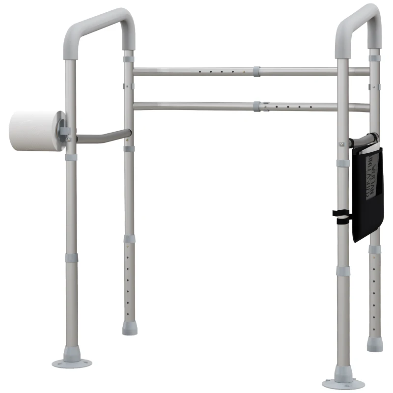 HOMCOM Free Standing Toilet Frame, Height and Width Adjustable Toilet Safety Frame with Arms, 2 Additional Suction Cups, Storage for Elderly, Disabled, Handrail Grab Bar, 136kg Weight Capacity