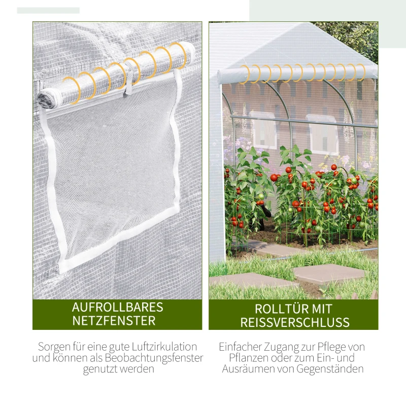 Outsunny Tunnelgewächshaus, 6 aufrollbare Fenster, Tür mit Reißverschluss, reißfeste Folie, Metallrahmen, 3,5 x 3 x 2 m, weiß