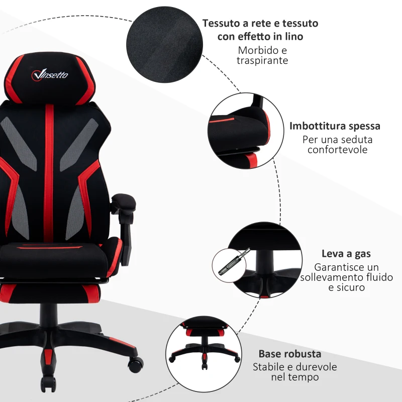 Vinsetto Sedia da Ufficio Ergonomica Altezza Regolabile, Poltrona con Schienale Reclinabile e Poggiapiedi, 65x65x119-129cm, Nero Rosso