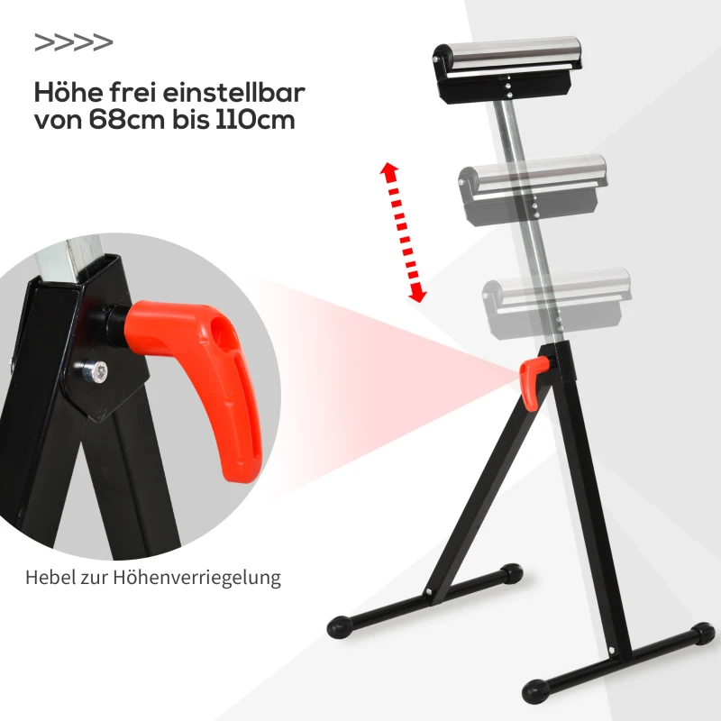 HOMCOM Rollenbock, Rollenauflage, Höhenverstellbares Arbeitsbock, Rollenständer, Hiflsbock, Stützbock, bis 90 kg, Metall, Schwarz, 44 x 50 x 68-110 cm
