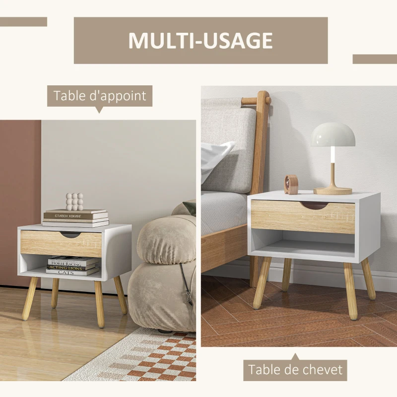 HOMCOM Lot de 2 Tables de Nuit tiroir Niche Design Moderne Panneau de Particules Classe E1 Pieds en Bois Massif 50 x 39 x 51 cm