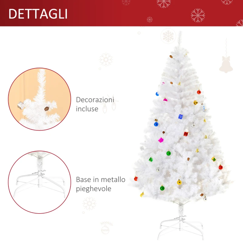 HOMCOM Albero di Natale Bianco 180cm con Addobbi e 930 Rami, Albero di Natale Innevato Artificiale in PVC