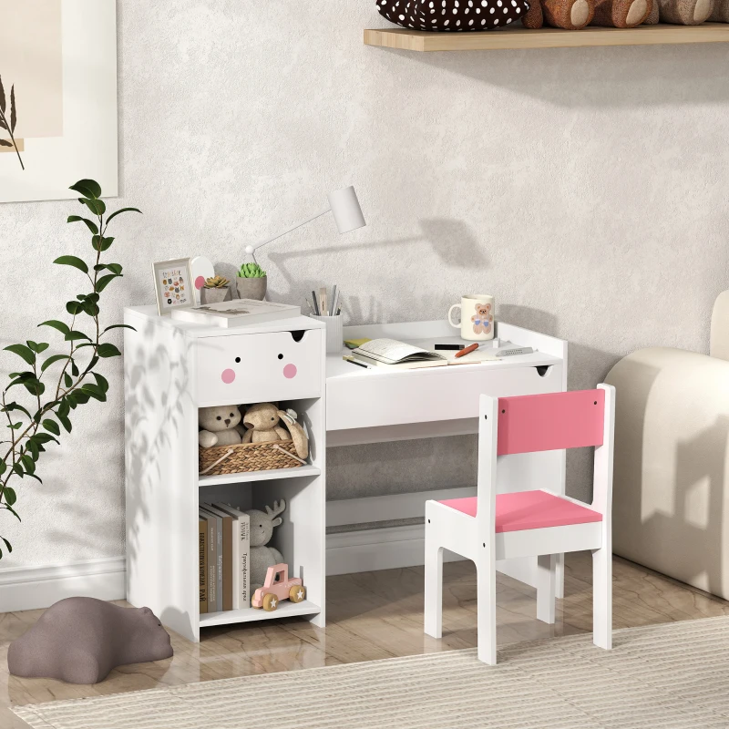AIYAPLAY Rabbit-Themed Kids Desk and Chair Set with Bookcase, Drawers, Shelves, for Ages 3-6 Years, Whtie/Pink