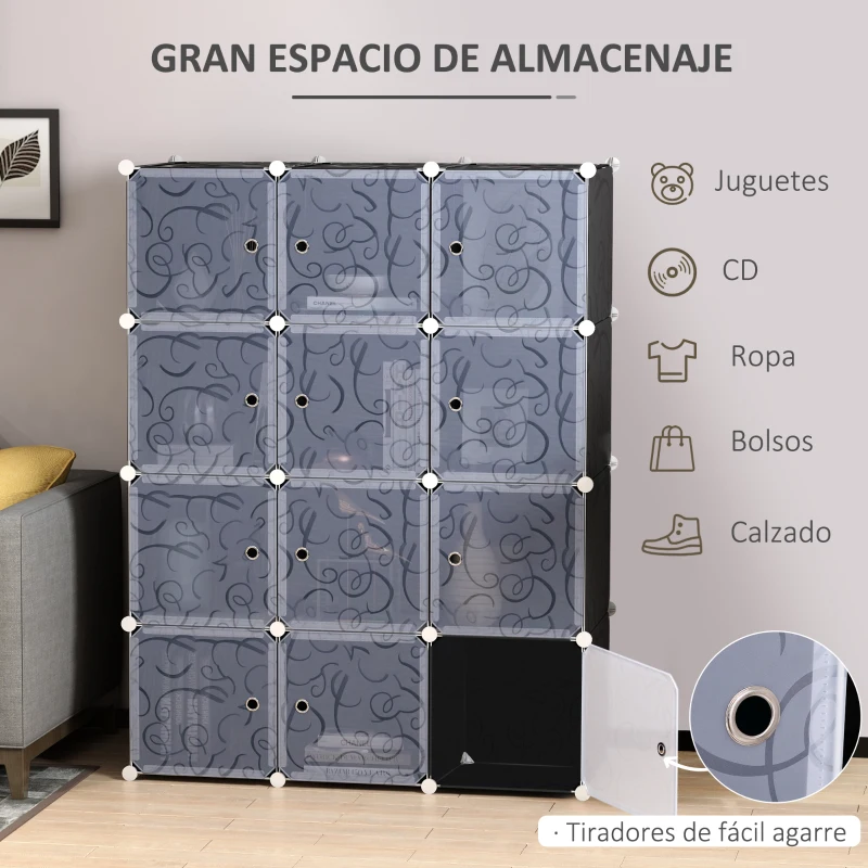 HOMCOM Armario Modular Plástico Estantería 12 Cubos con Puertas para Almacenamiento de Ropa Armario Ropero Organizador para Almacenamiento Juguetes y Libros Montaje en Bricolaje