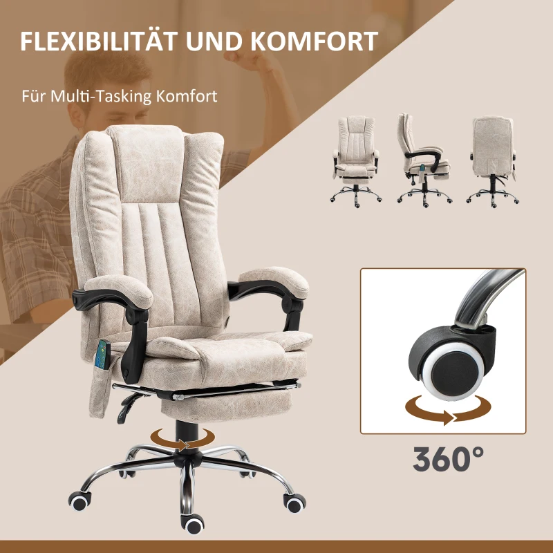 Vinsetto Bürostuhl mit Massagefunktion, Ergonomischer Schreibtischstuhl mit Liegefunktion, Heizfunktion, Seitentasche, Cremeweiß(m-5)
