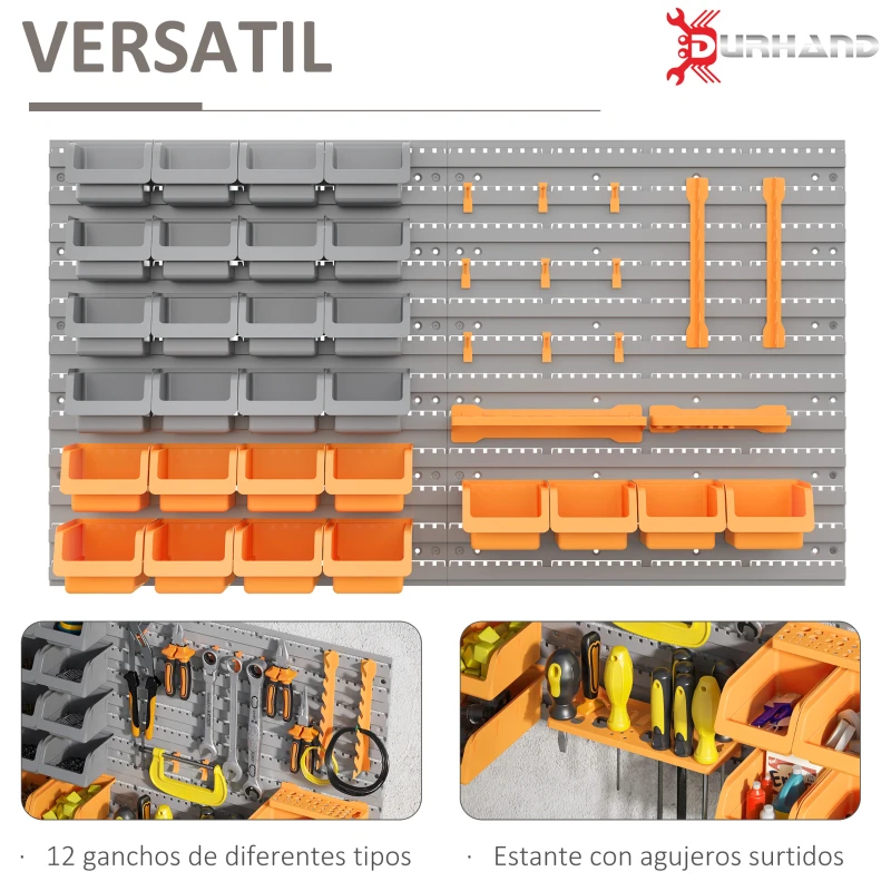 DURHAND Estantería de Pared para Herramientas 95x54 cm con 28 Cajas Apilables y Diferentes Ganchos Gris y Naranja
