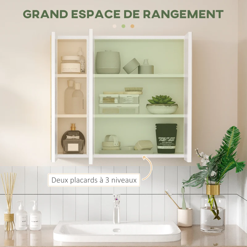kleankin Armoire miroir salle de bain armoire de toilette miroir 3 portes 4 étagères réglables 68 x 22 x 60 cm blanc