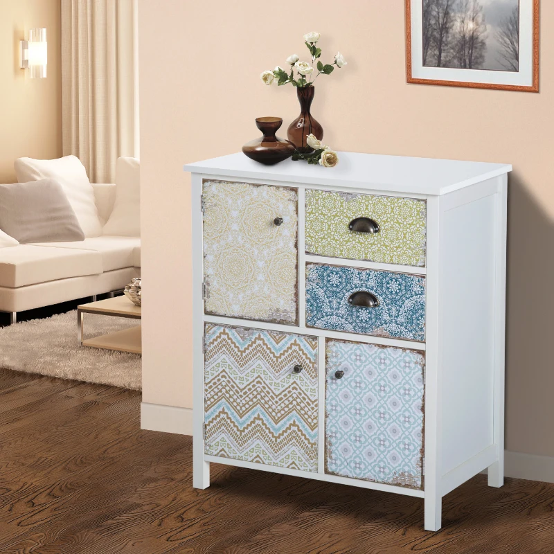 Commode style néo-rétro graphique 3 placards porte + 2 tiroirs blanc