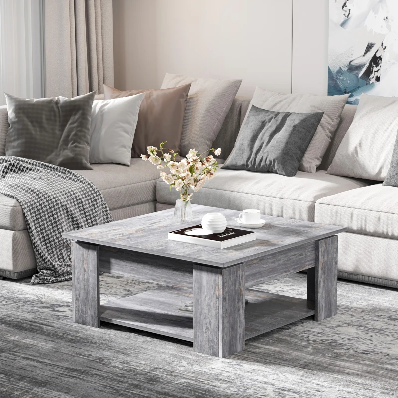 HOMCOM Tavolino da Caffè Moderno con Ampio Ripiano Portaoggetti in Legno, Tavolo da Salotto di Design con Portata max 60kg, 80x80x36 cm, Grigio
