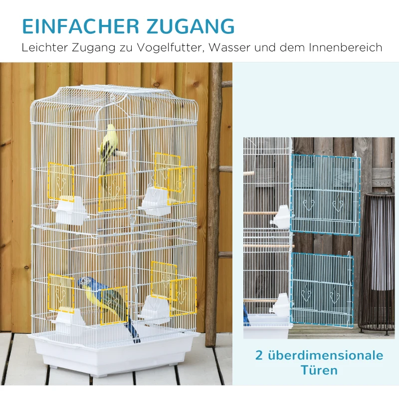 PawHut Vogelkäfig im Vintage-Design für kleine Vogelarten inkl. Zubehör 47,5 cm x 36 cm x 91 cm Metall, Holz, Weiß+Natur
