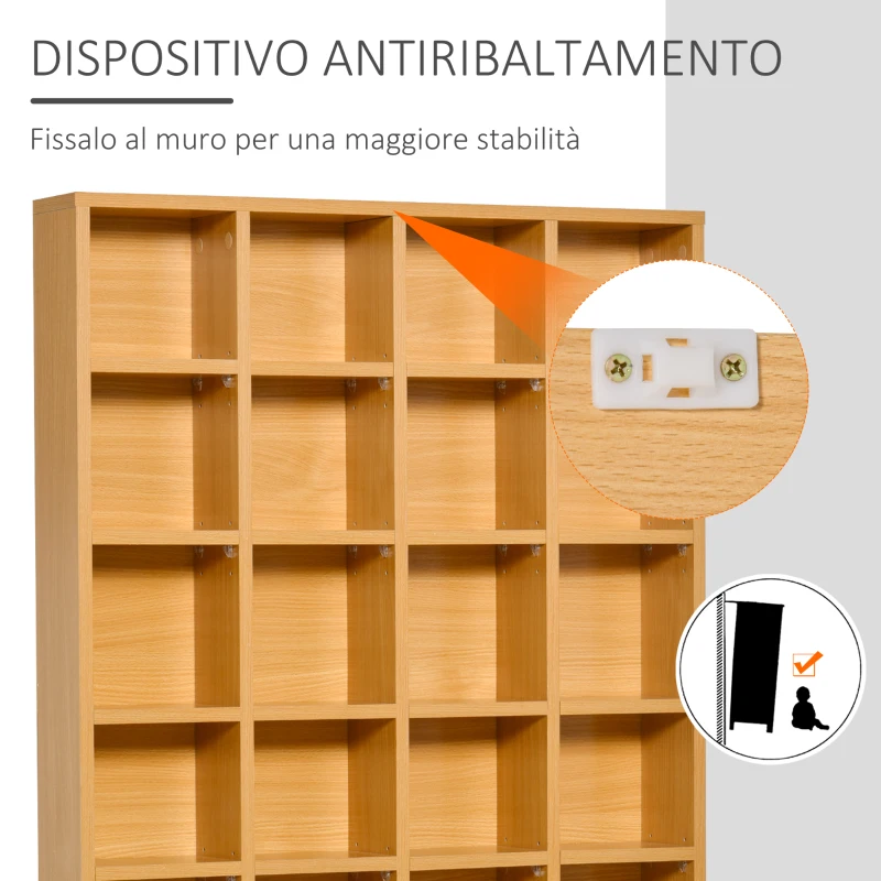 HOMCOM Mobile Porta CD con Ripiani Regolabili, Scaffale Porta 456CD/336DVD Salvaspazio in Legno, Mobile Portacd con 24 Scomparti, per Soggiorno, Camera da Letto, Ufficio, 89x20x130.5 cm, Color Faggio