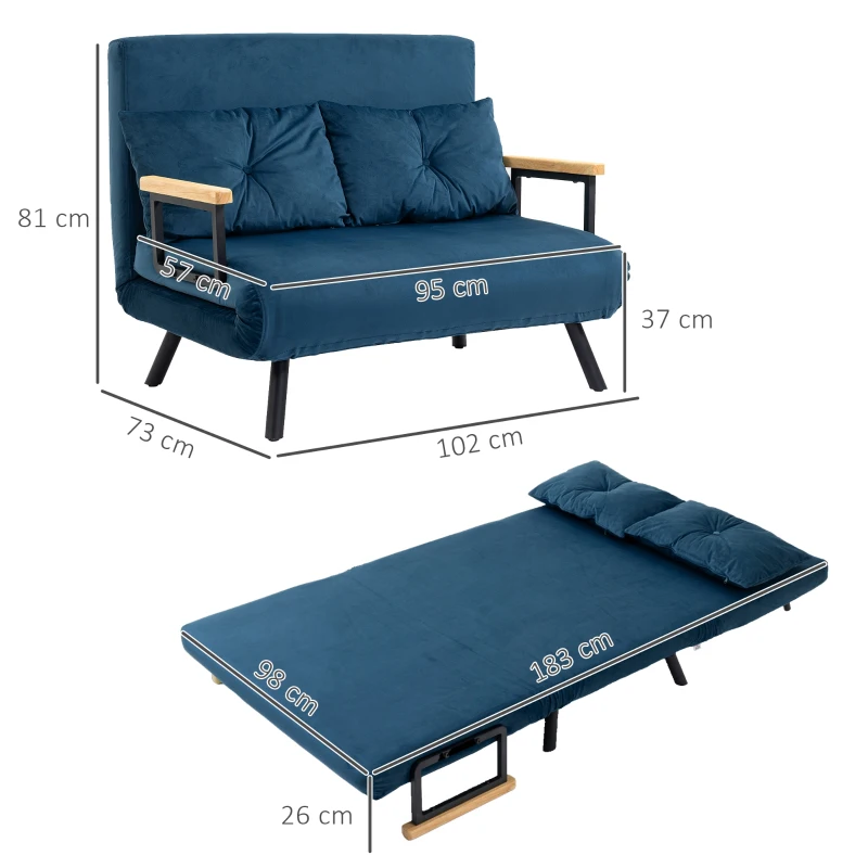 HOMCOM Sofá Cama Convertible 3 en 1 Sillón Cama 2 Plazas Plegable Respaldo Ajustable de 5 Niveles Almohadas 102x73x81 cm Azul(m-3)