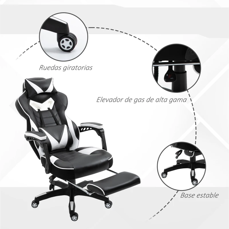 Vinsetto Silla Gaming Ergonómica Silla de Escritorio de Oficina Regulable en Altura Reclinable Respaldo con Reposapiés Reposacabezas Cojín Lumbar Ruedas 65x70x118,5-128,5 cm Blanco