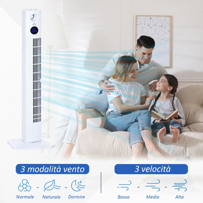 HOMCOM Ventilatore a Torre 45W a 3 Modalità e 3 Velocità con Timer da 12h e Diffusore, 31.5x31.5x96 cm, Bianco