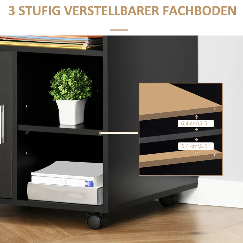 HOMCOM Druckerständer Druckertisch Bürowagen Rollwagen mit Schrank+Regale Spanlatte Schwarz 60 x 50 x 65,5 cm