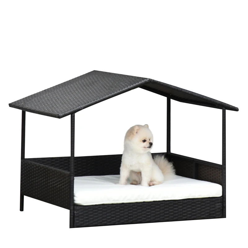PawHut Rattan Hundeliege Outdoor mit Dach, Erhöhtes Hundebett für kleine und mittelgroße Hunde, Kühlendes Haustierliege mit Metallrahmen, Kissen für Draußen, 69 x 98 x 70 cm, Kaffee-Braun