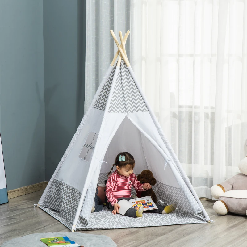HOMCOM Tienda de Campaña para Niños de +3 Años Tipi Infantil de Madera Portátil con Ventana Colchoneta y Bolsa de Transporte para Interiores y Exteriores 120x120x155 cm Gris