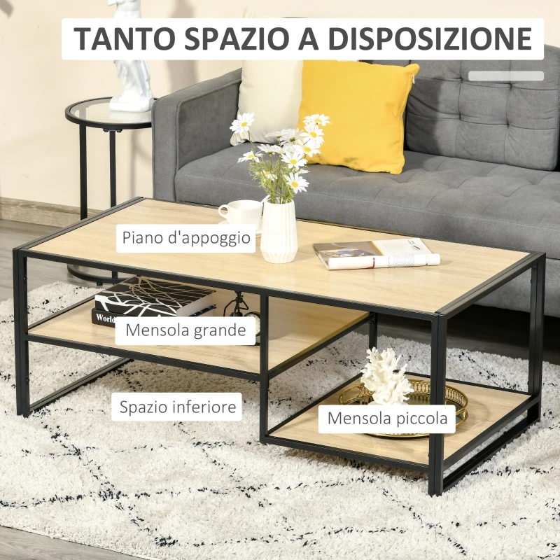 HOMCOM Tavolino da Caffè in Stile Industriale a 3 Ripiani, in MDF e Acciaio, 120x60x46cm
