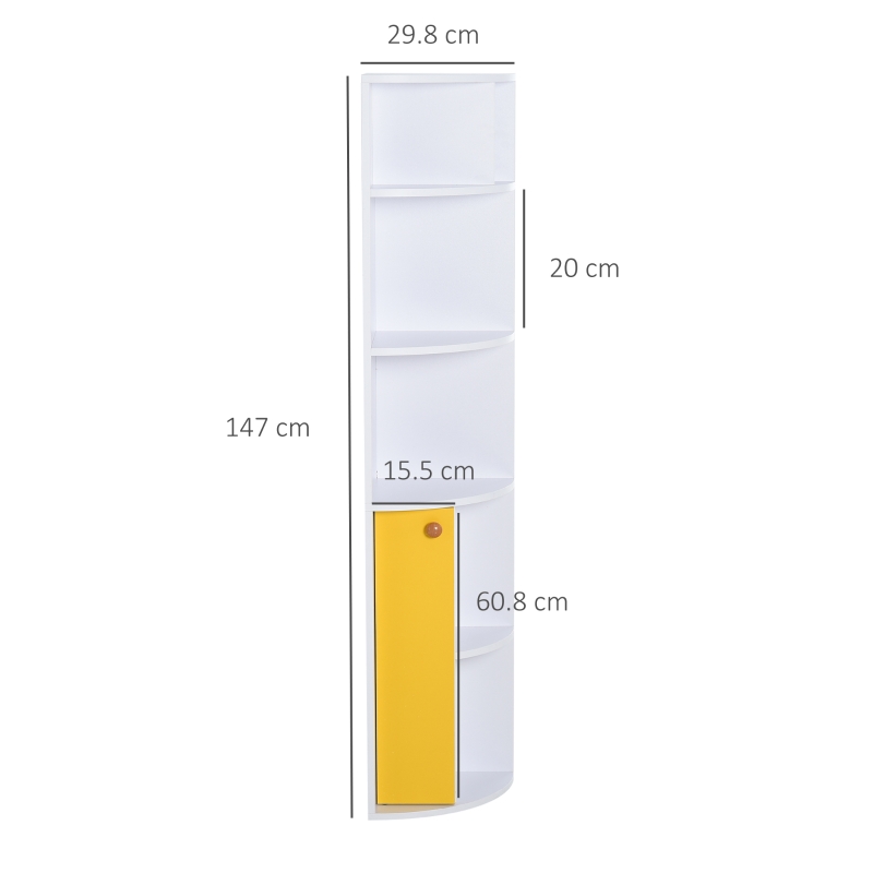 HOMCOM Scaffale Angolare da Parete in Legno Bianco, Mobile Libreria con 5 Ripiani e Armadietto Giallo, Design Moderno, 29.8x29.9x147cm