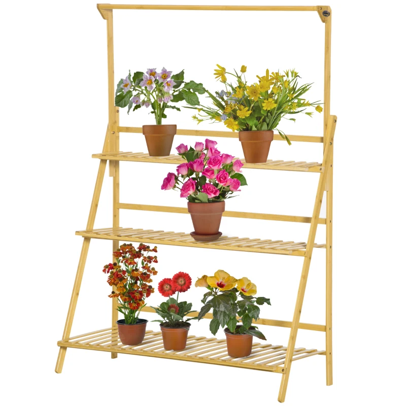Outsunny Blumentreppe aus Holz Pflanzenständer Leiterregal einstellbare Hängehöhe Blumenständer hängende Bamboo Natur innen draußen 100 x 40 x 143 cm