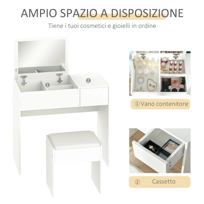 HOMCOM Tavolo da Trucco con Specchio Richiudibile, Tavolo da Trucco Moderno, con Sgabello, Vano Contenitore (4 Scomparti), MDF Bianco, 80x40x79 cm