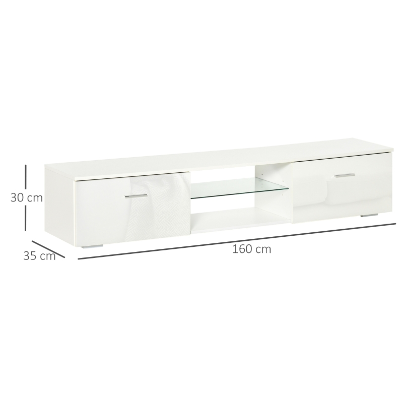 HOMCOM Meuble TV LED Style Contemporain - 2 placards Porte abattante, étagère Verre - Panneaux Particules MDF Blanc laqué