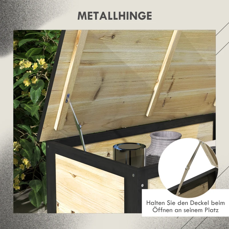 Outsunny Garten-Aufbewahrungsbox, 121 Liter, 2 Räder, wetterfest, Metallscharniere, Naturholz, 100x50x43 cm(m-6)