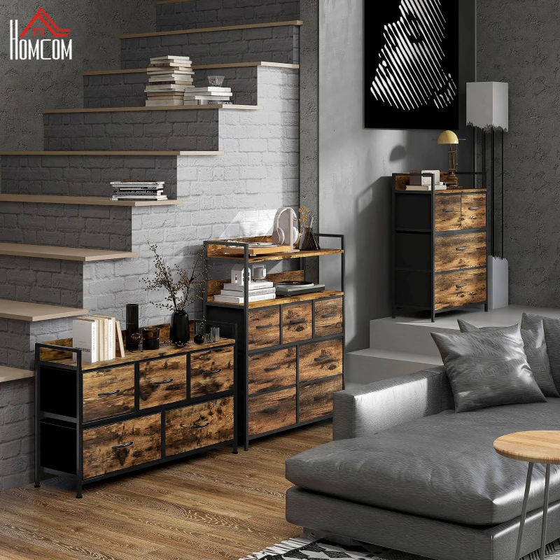 HOMCOM Cajonera de Tela con 5 Cajones y Marco Metálico Estilo Industrial para Salón Recibidor 98x29x63 cm Marrón Rústico
